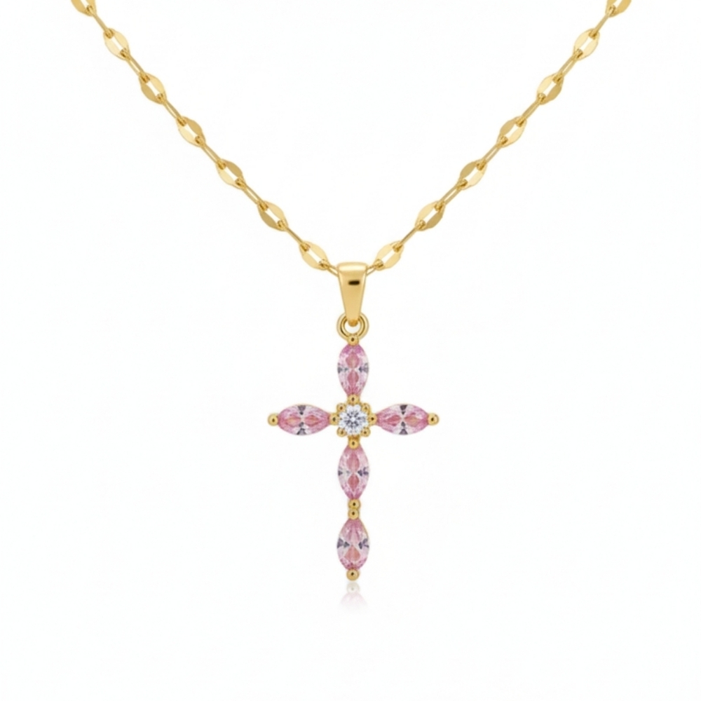🆕️ Elegant Gold and Pink Cross Pendant Necklace